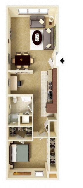 Floor plan for 1 bed, 1 bath, 791 sqft